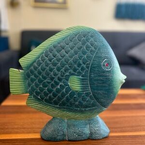 Vintage wood carved Green Fish Decor unique nautical indoor outdoor funky decor